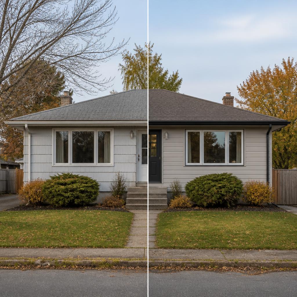 Illustrative before-and-after exterior concept for roof-edge refresh concept; not a completed Nepean Siding project