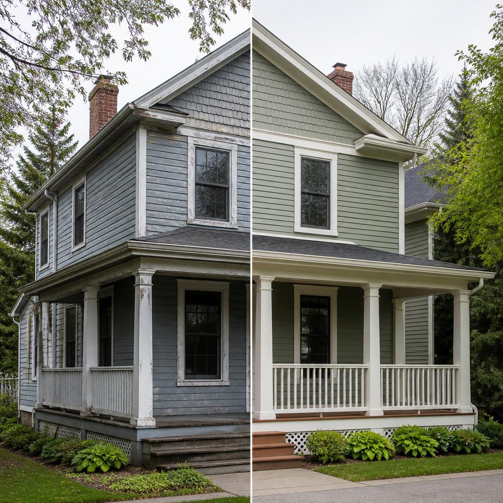Illustrative before-and-after exterior concept for fibre cement concept; not a completed Nepean Siding project