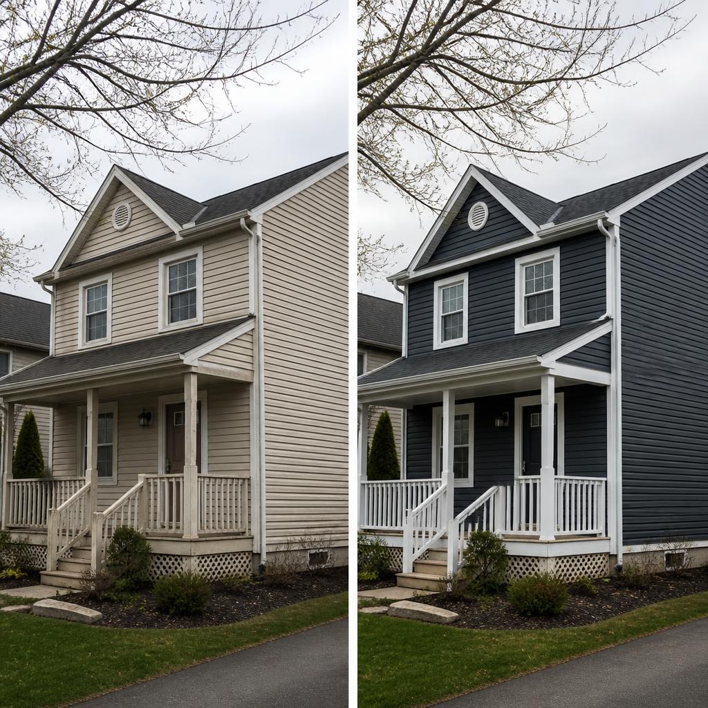 Illustrative before-and-after exterior concept for vinyl siding concept; not a completed Nepean Siding project